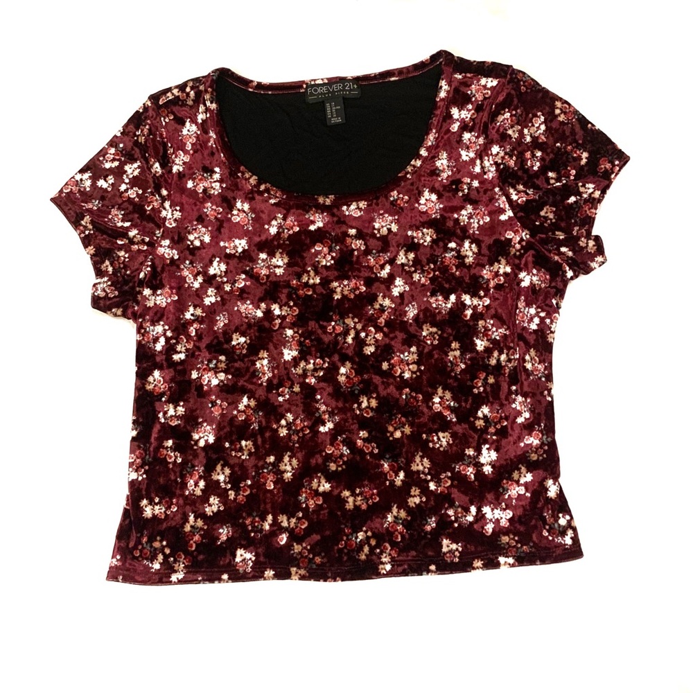 Burgundy/Wine Velvet Crop Top with Floral Pattern